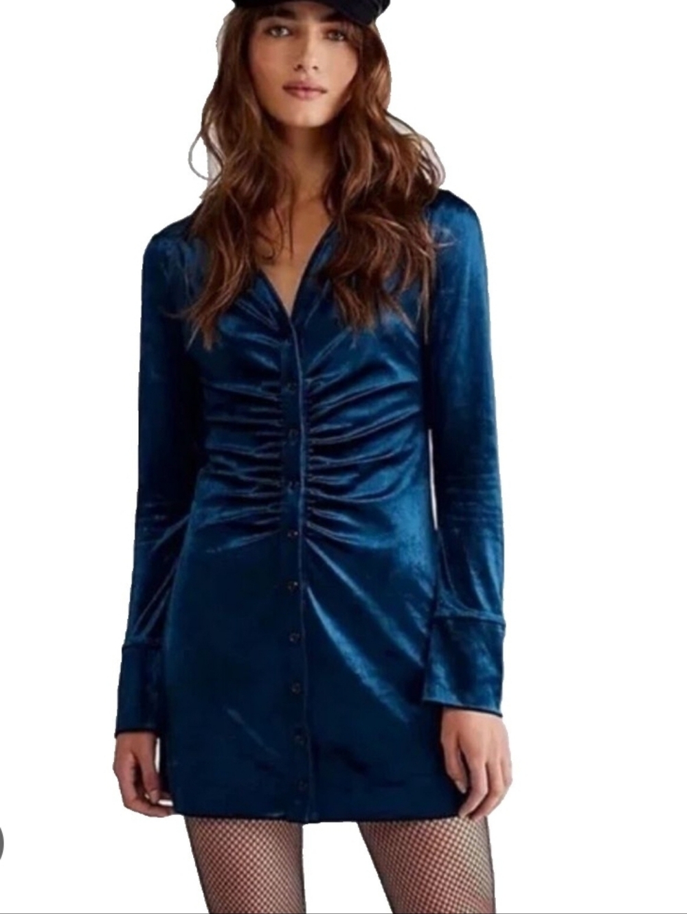 Free People‎ Teal Blue Velvet-Trim Top